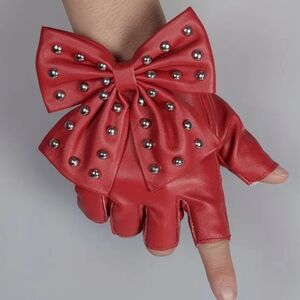 Elegant Red Studded Bow Fingerless Gloves
